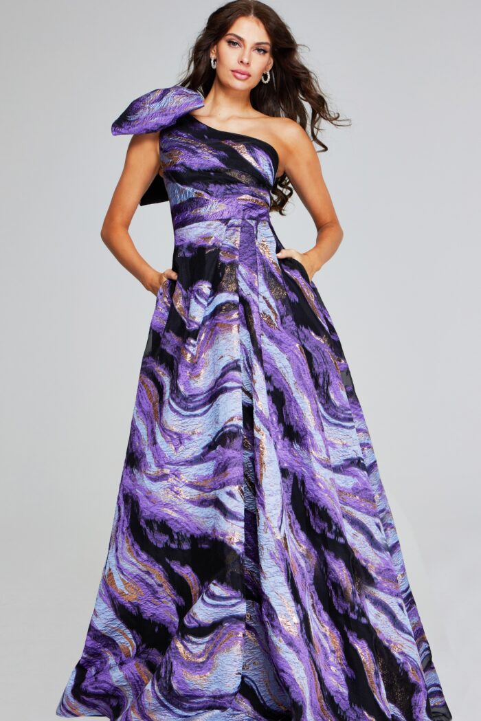 Model wearing Vibrant Purple Multi-Print One-Shoulder Gown with Bow Detail 40695