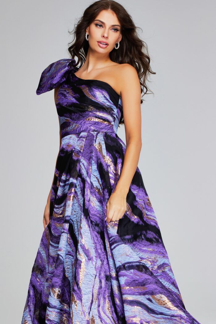 Model wearing Vibrant Purple Multi-Print One-Shoulder Gown with Bow Detail 40695