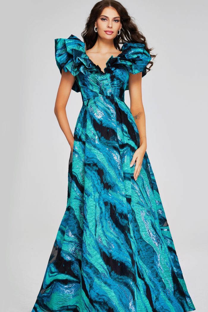 Vibrant Teal Multi-Print Gown with Ruffled V-Neckline 40696