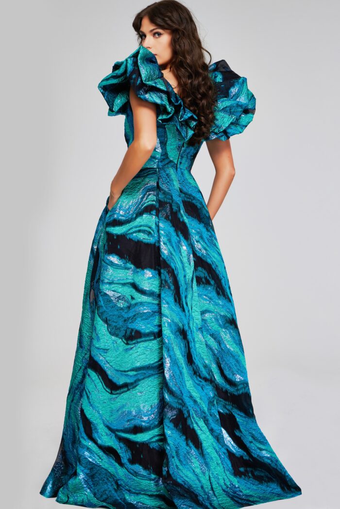 Model wearing Vibrant Teal Multi-Print Gown with Ruffled V-Neckline 40696