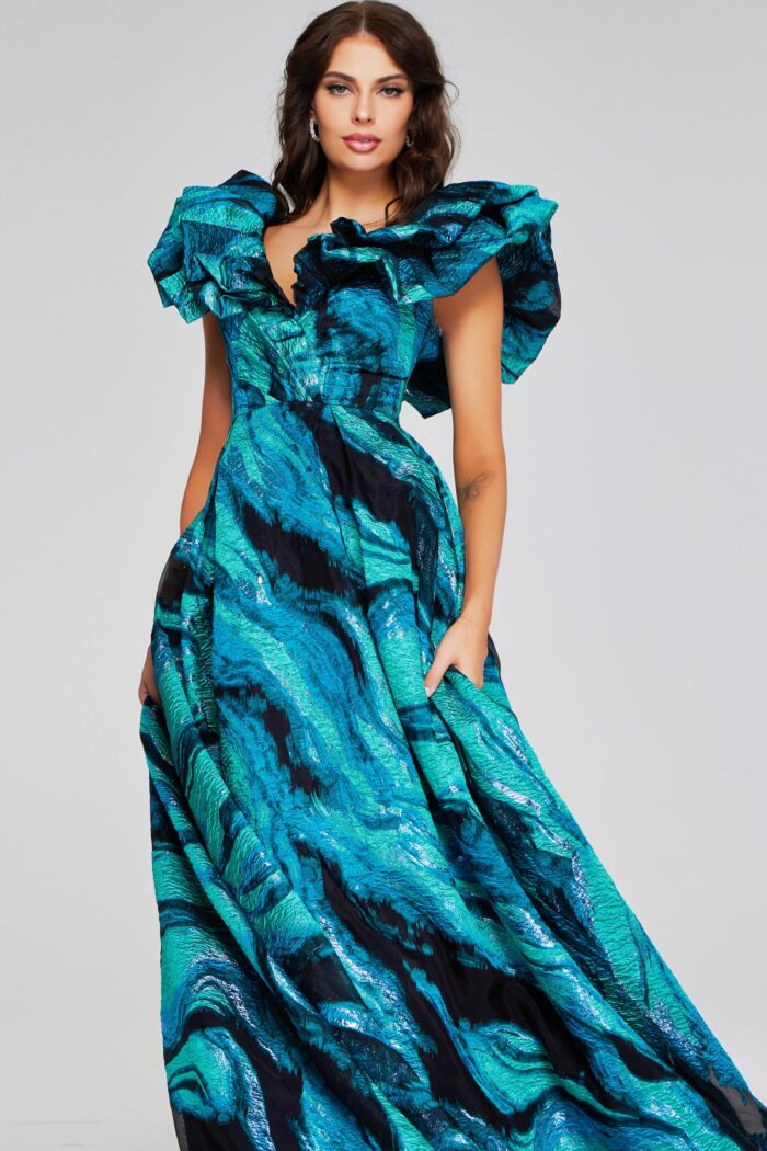 Model wearing Vibrant Teal Multi-Print Gown with Ruffled V-Neckline 40696