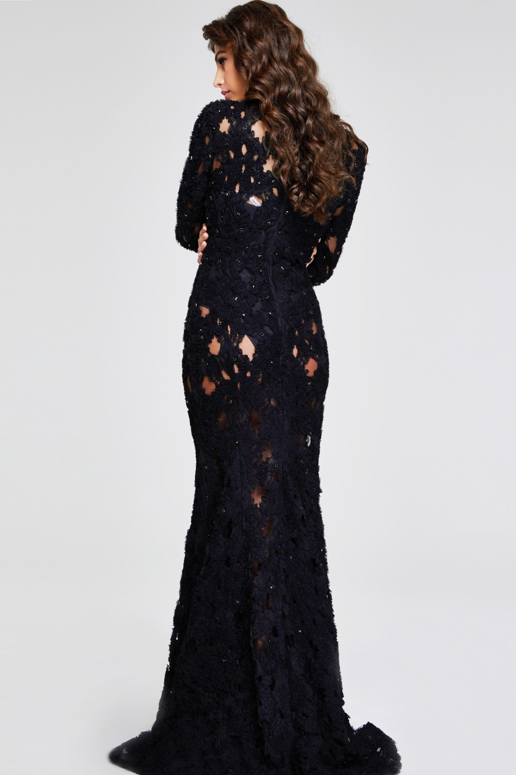 Elegant Black Lace Gown with Intricate Floral Cutouts 40743