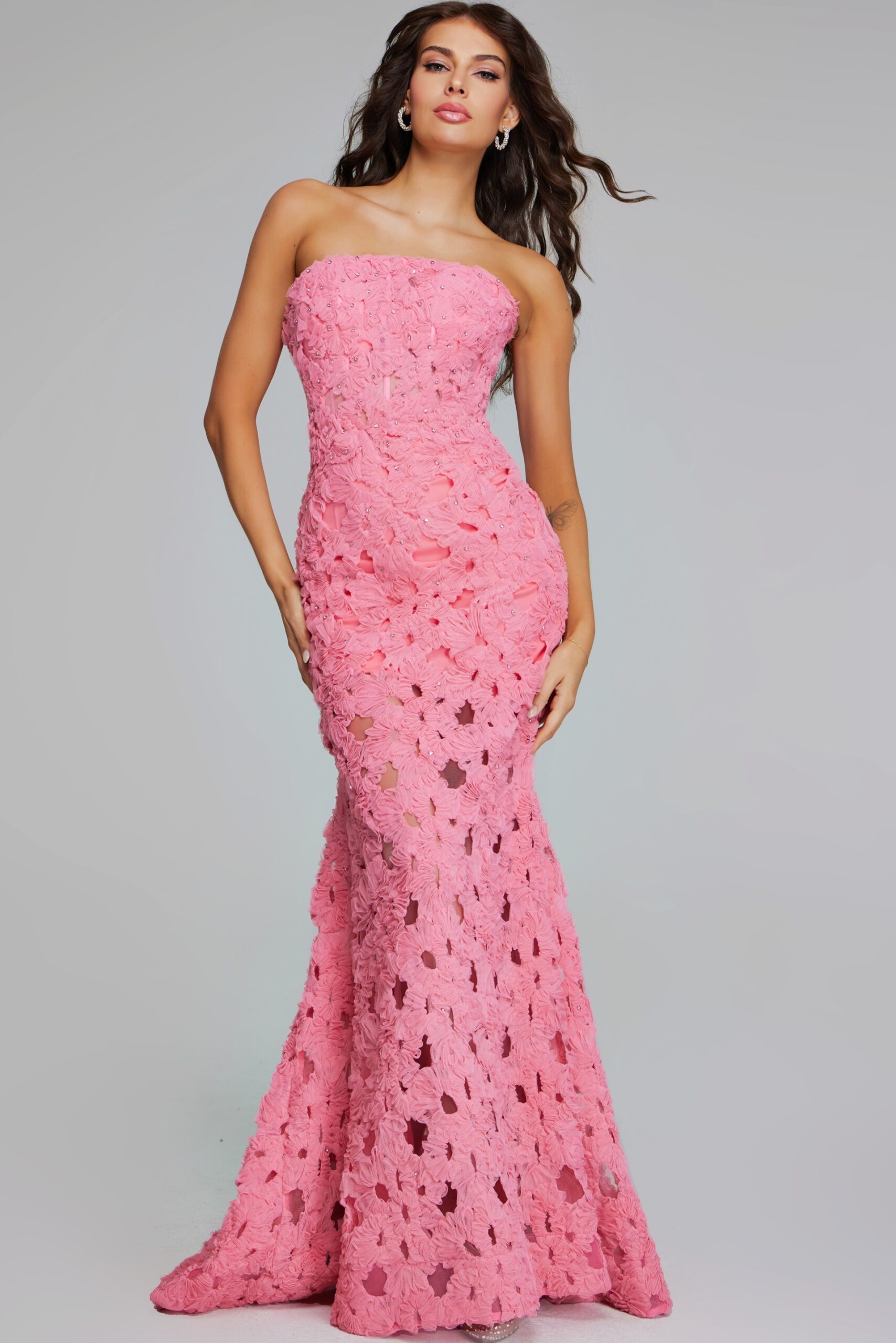 Model wearing Pink Strapless Gown with Floral Lace Detailing 40744