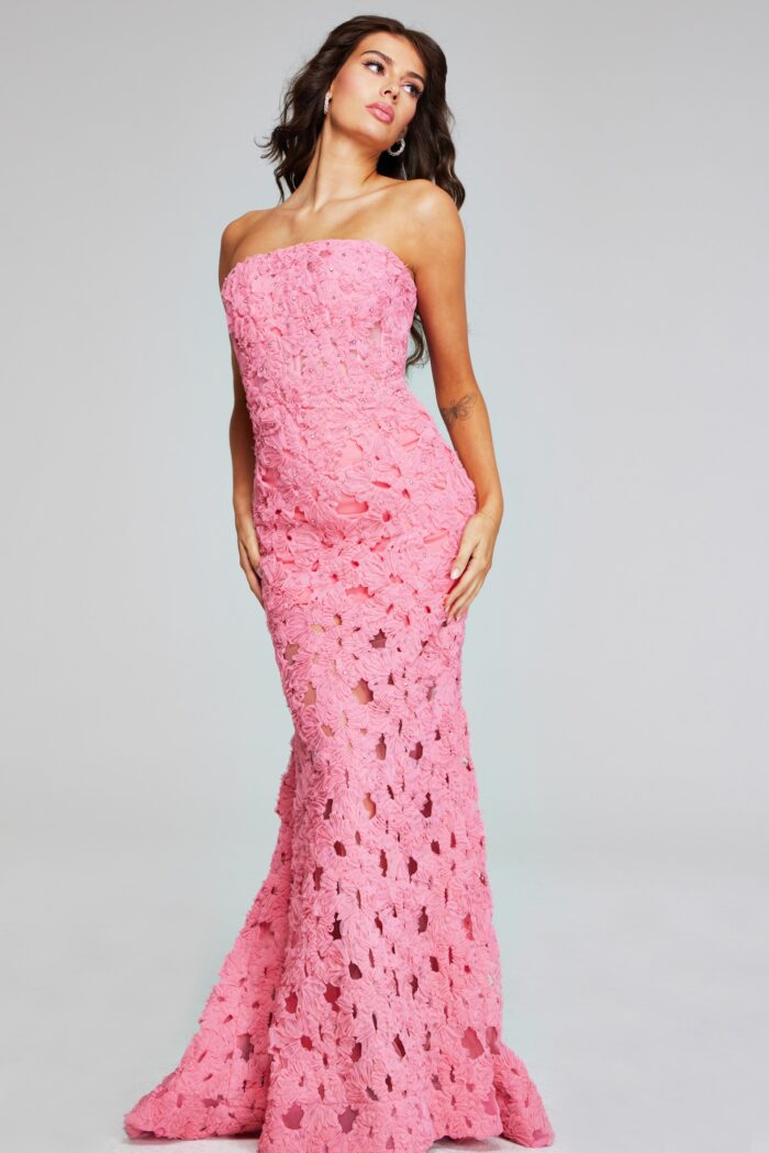 Model wearing Pink Strapless Gown with Floral Lace Detailing 40744