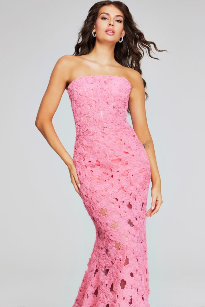 Model wearing Pink Strapless Gown with Floral Lace Detailing 40744