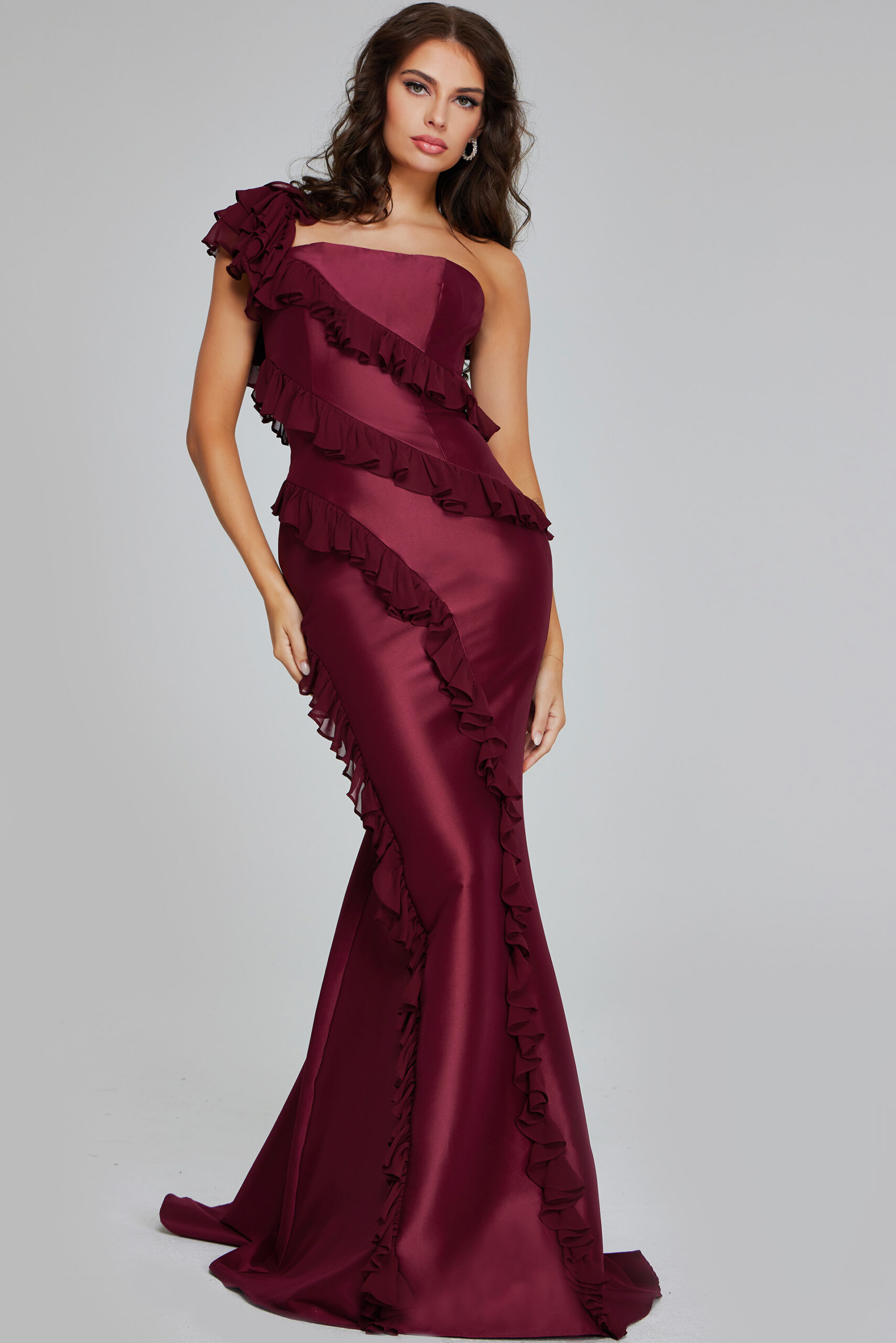 Model wearing Burgundy One-Shoulder Ruffled Gown 40751