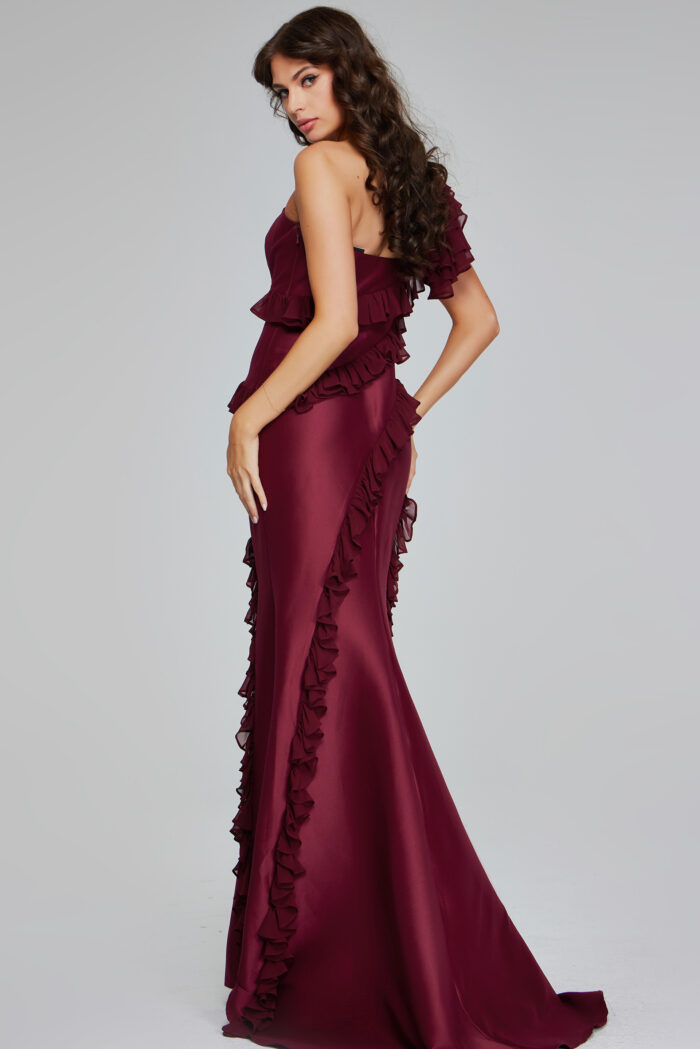 Model wearing Burgundy One-Shoulder Ruffled Gown 40751