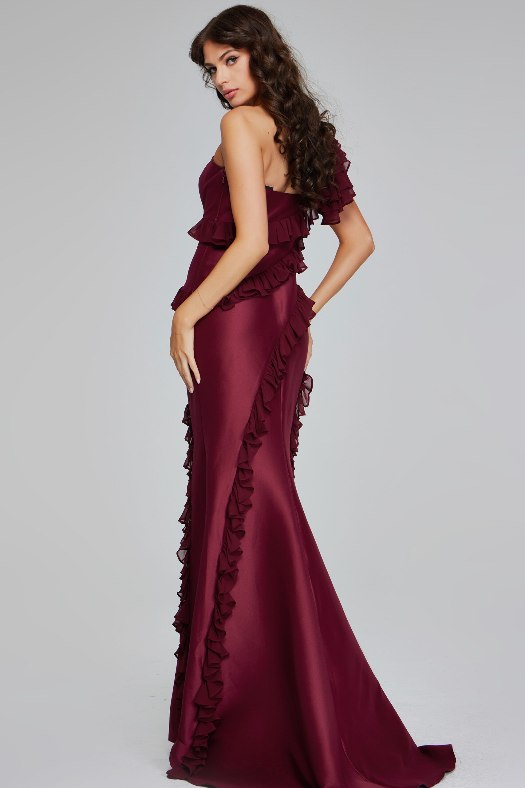 Burgundy One-Shoulder Ruffled Gown 40751