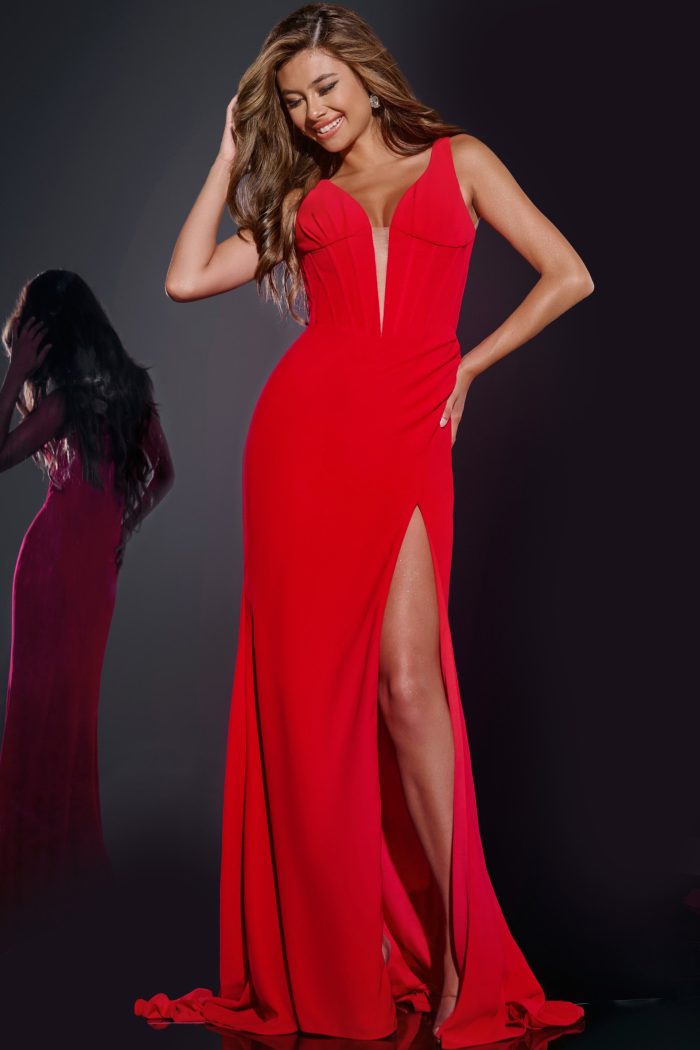 red v neckline high slit dress 40783