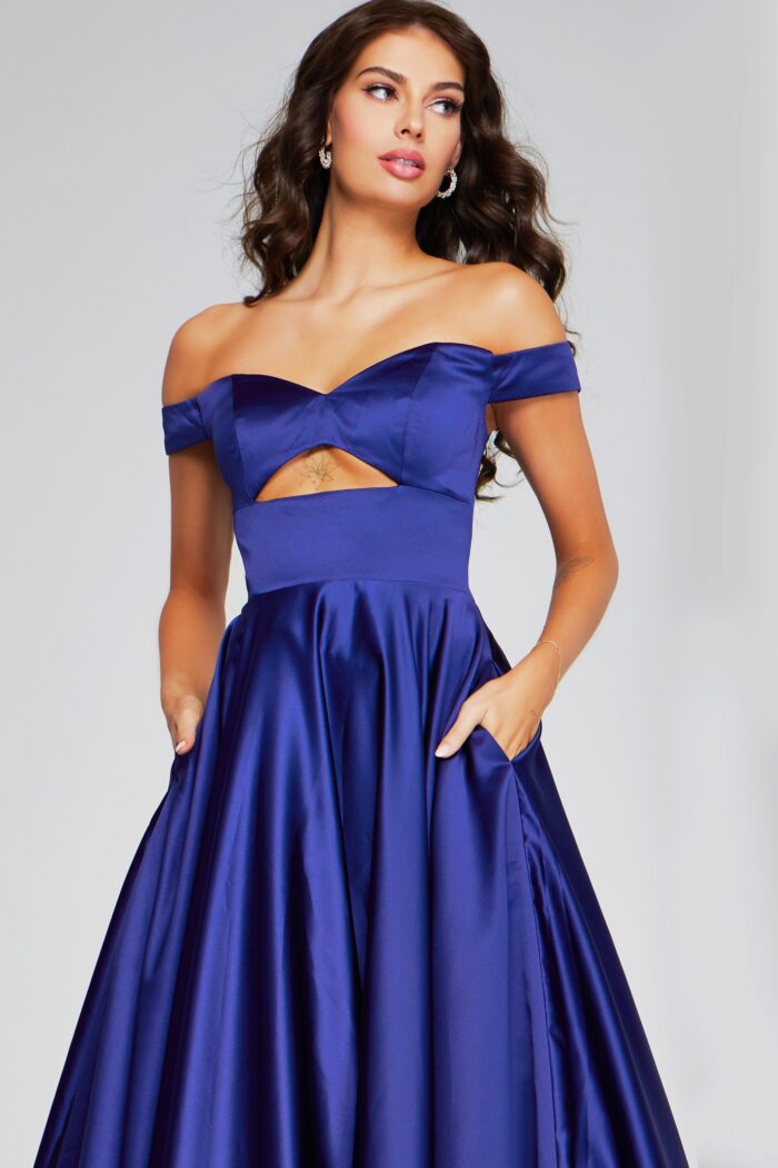 Model wearing Stunning Dark Purple Off-Shoulder Gown with Cutout Detail 40787