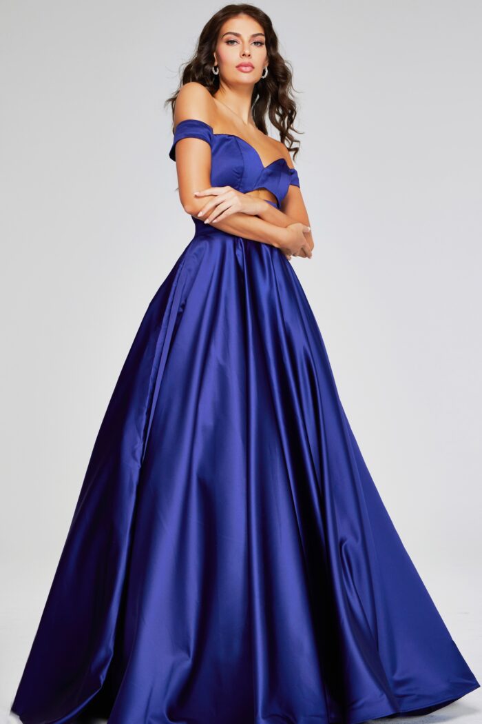 Model wearing Stunning Dark Purple Off-Shoulder Gown with Cutout Detail 40787