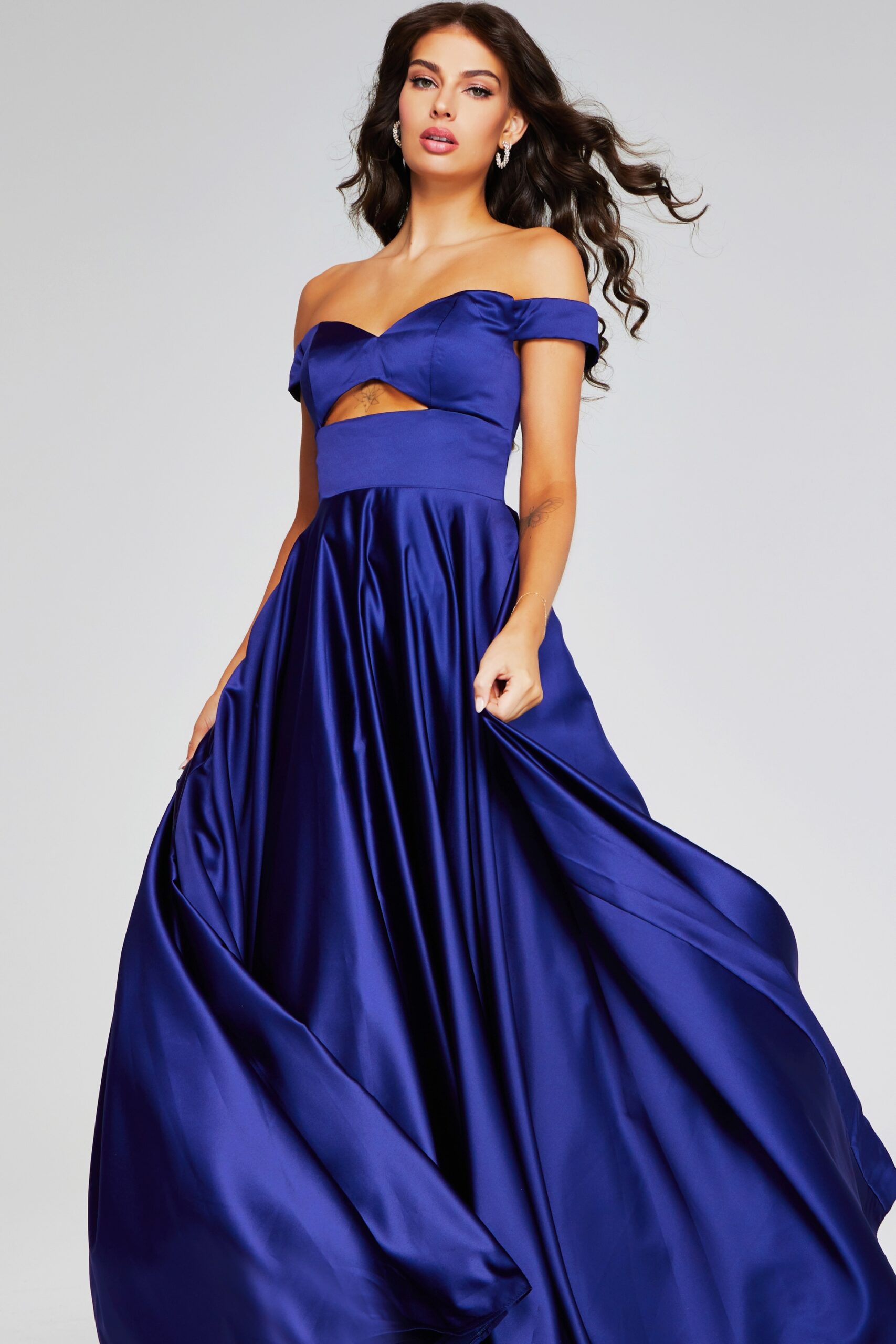 Model wearing Stunning Dark Purple Off-Shoulder Gown with Cutout Detail 40787