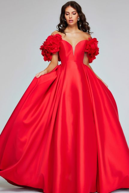 Model wearing Jovani 40794 front view of the red ball gown with floral details