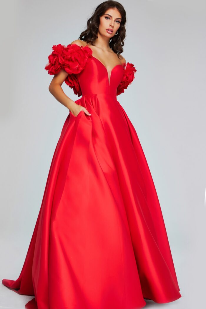 Model wearing Bold Red Gown with Floral Puff Sleeves and Plunging Neckline 40794