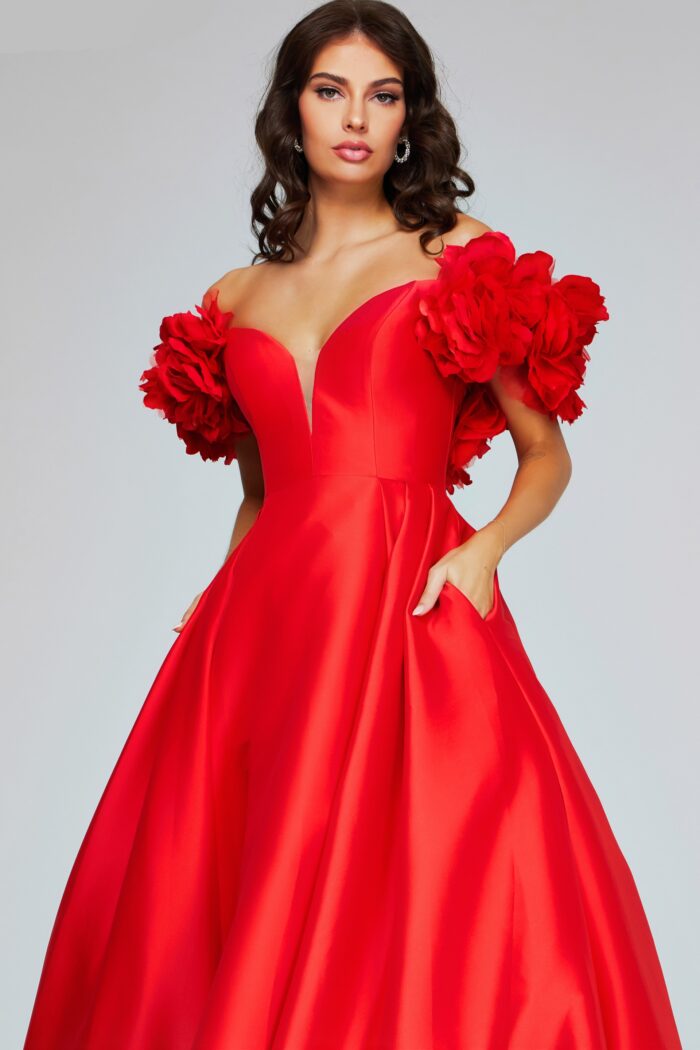 Model wearing Bold Red Gown with Floral Puff Sleeves and Plunging Neckline 40794