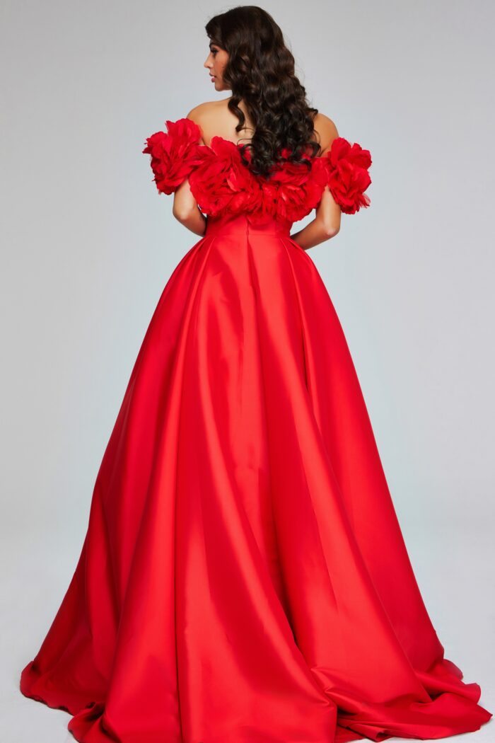 Model wearing Bold Red Gown with Floral Puff Sleeves and Plunging Neckline 40794