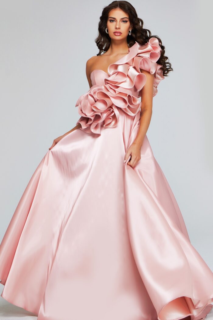 Model wearing Romantic Blush Pink Gown with Dramatic Ruffled Bodice 40796