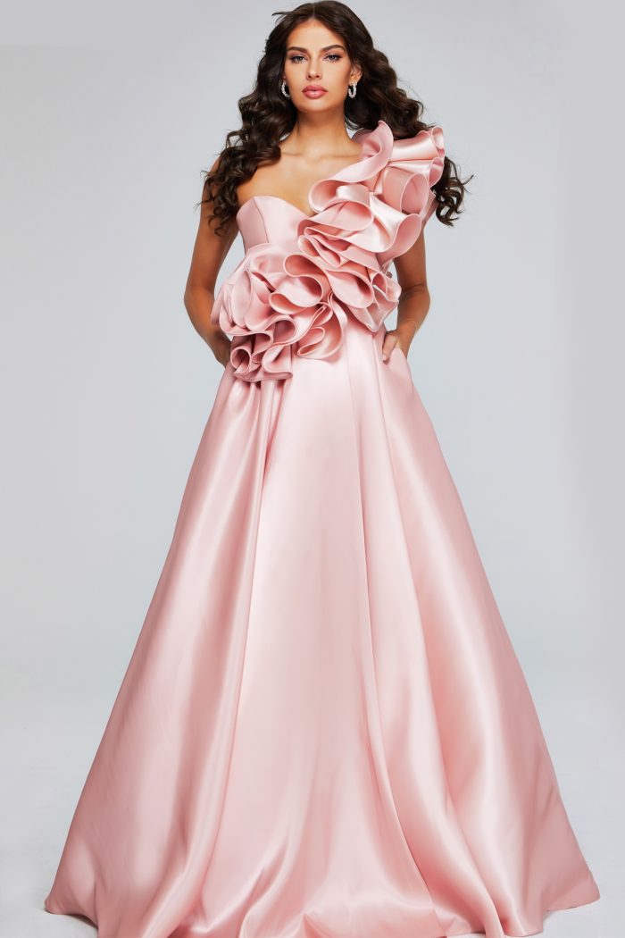 Romantic Blush Pink Gown with Dramatic Ruffled Bodice 40796