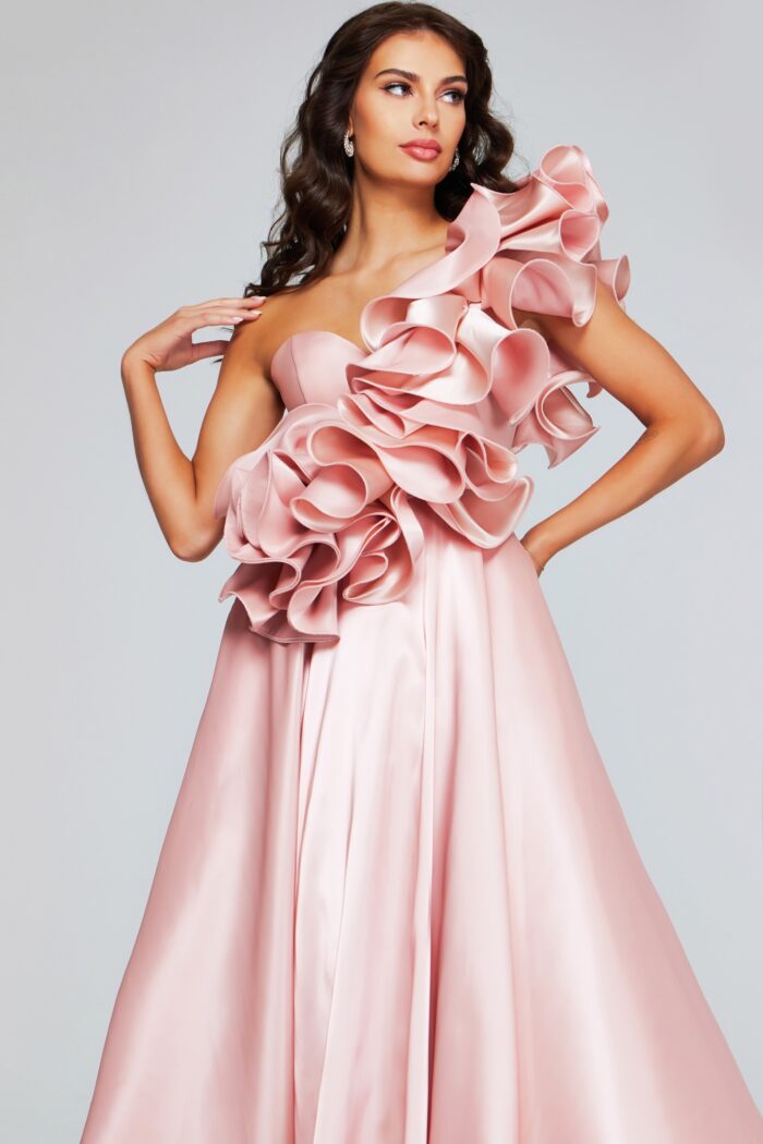 Model wearing Romantic Blush Pink Gown with Dramatic Ruffled Bodice 40796