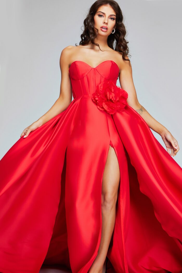 Model wearing Stunning Red Strapless Gown with High Slit and Floral Accent 40826