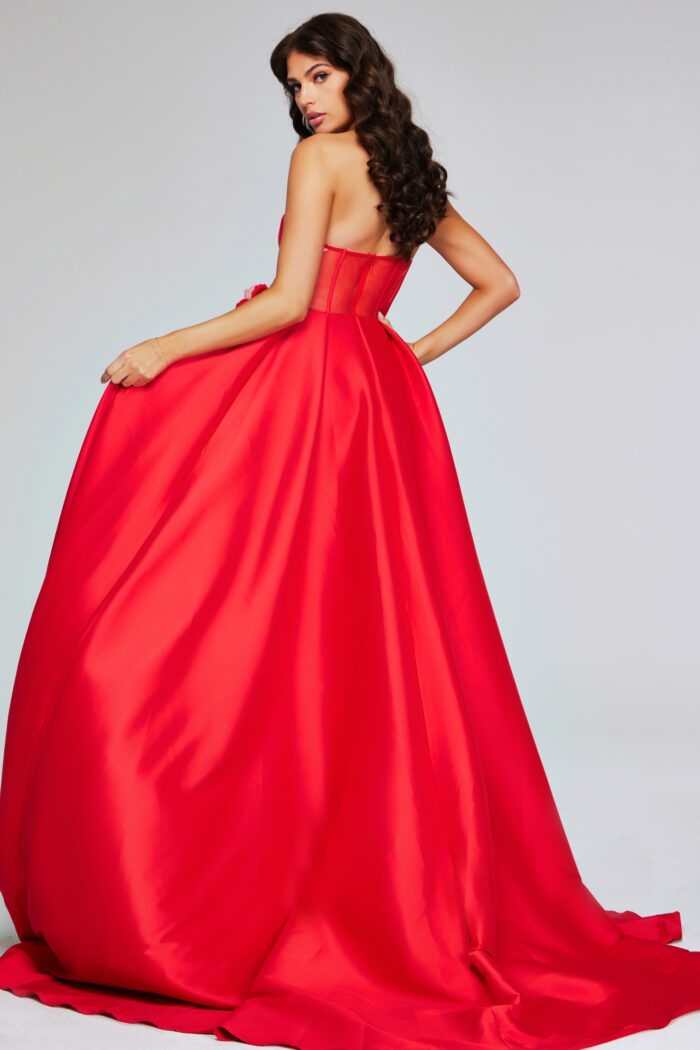 Model wearing Stunning Red Strapless Gown with High Slit and Floral Accent 40826