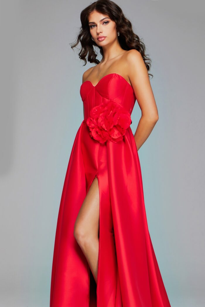 Model wearing Stunning Red Strapless Gown with High Slit and Floral Accent 40826