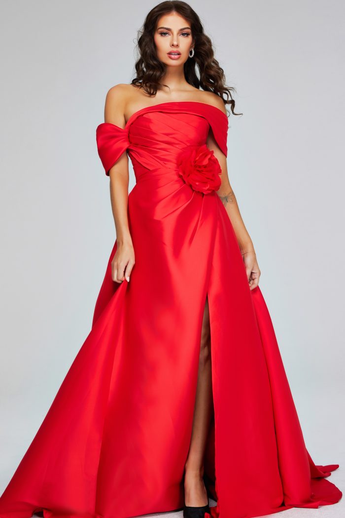 Off-Shoulder Red Gown with Flower Detail 40832