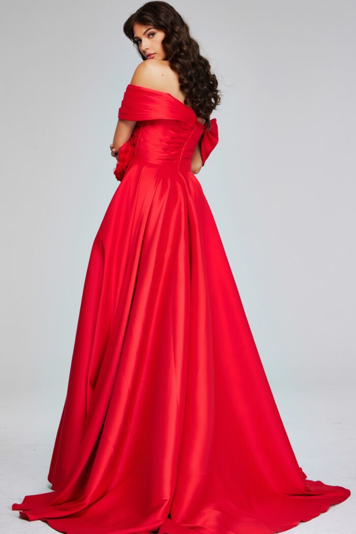 Model wearing Off-Shoulder Red Gown with Flower Detail 40832