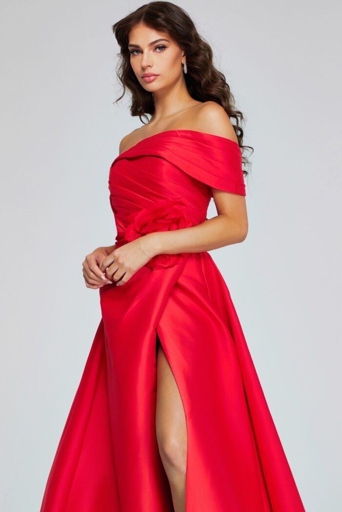 Model wearing Off-Shoulder Red Gown with Flower Detail 40832