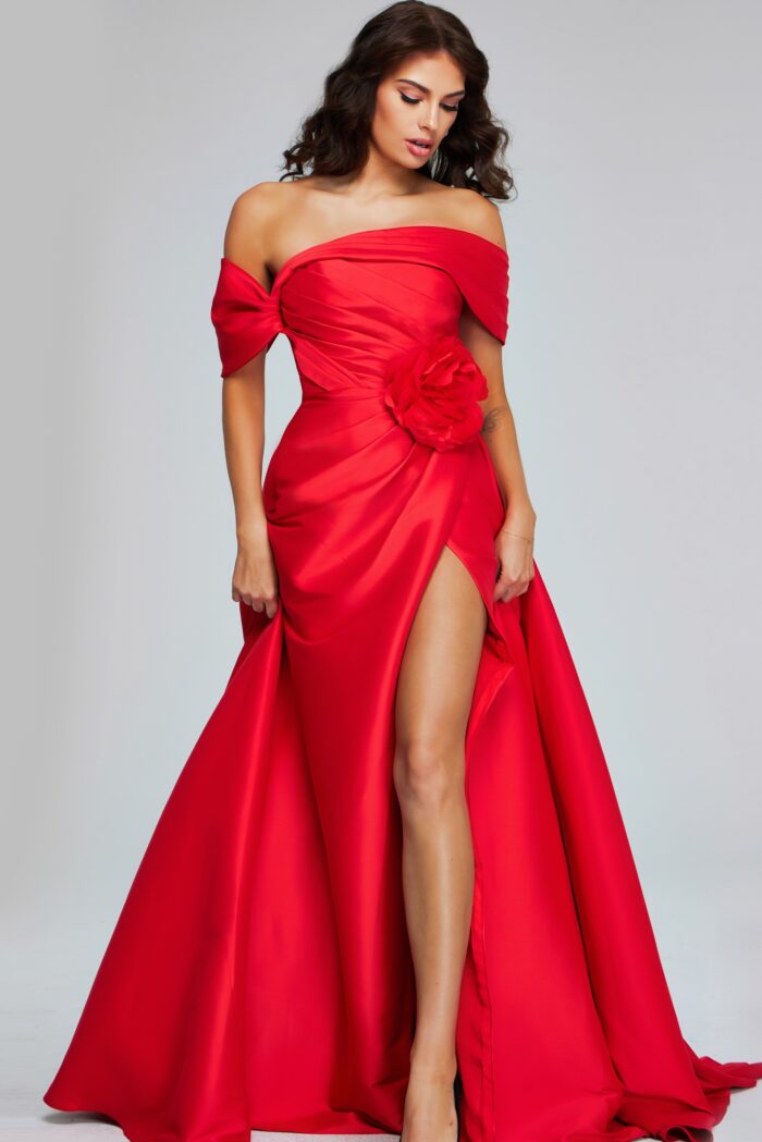 Model wearing Off-Shoulder Red Gown with Flower Detail 40832