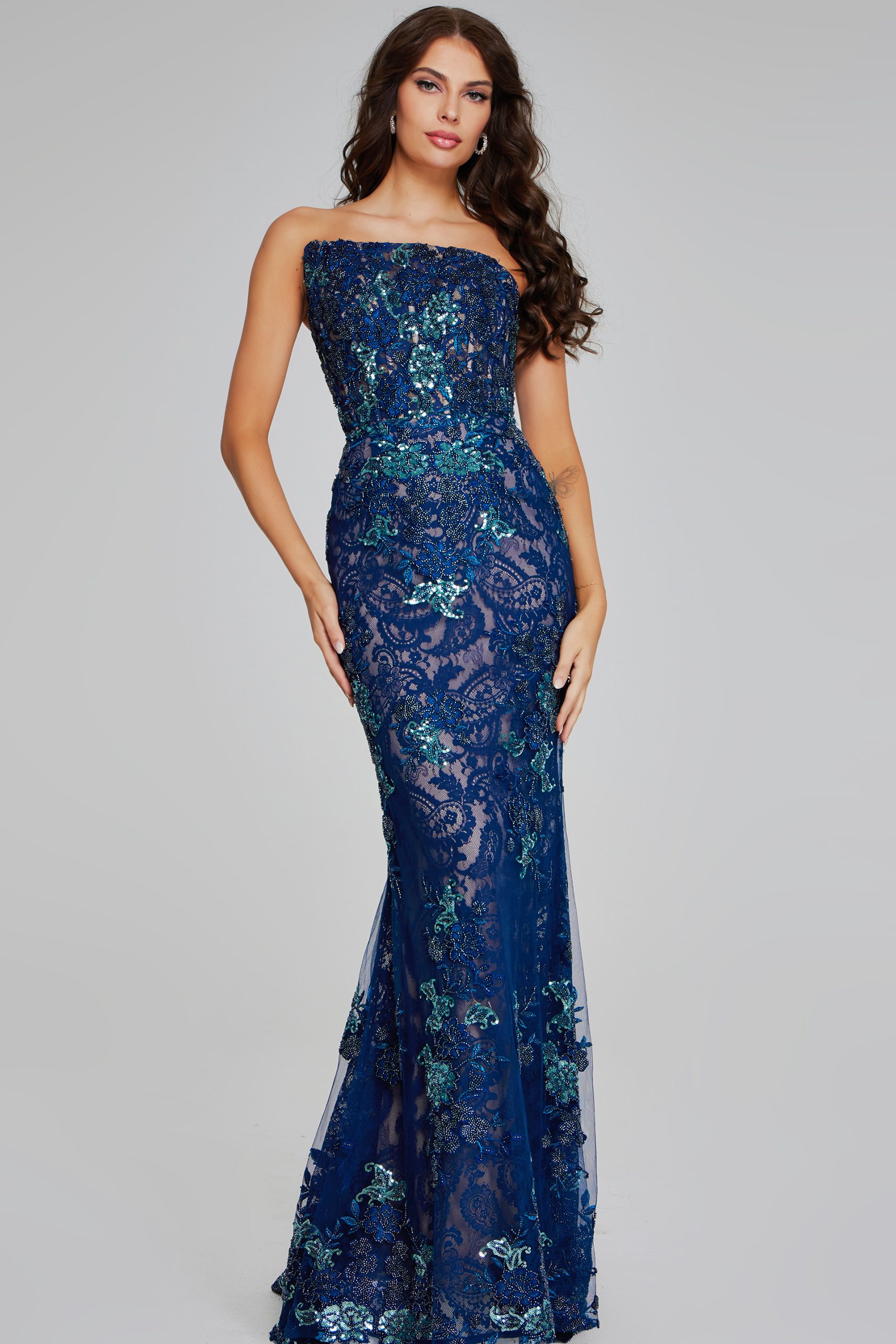 Elegant Navy Strapless Lace Gown 40847