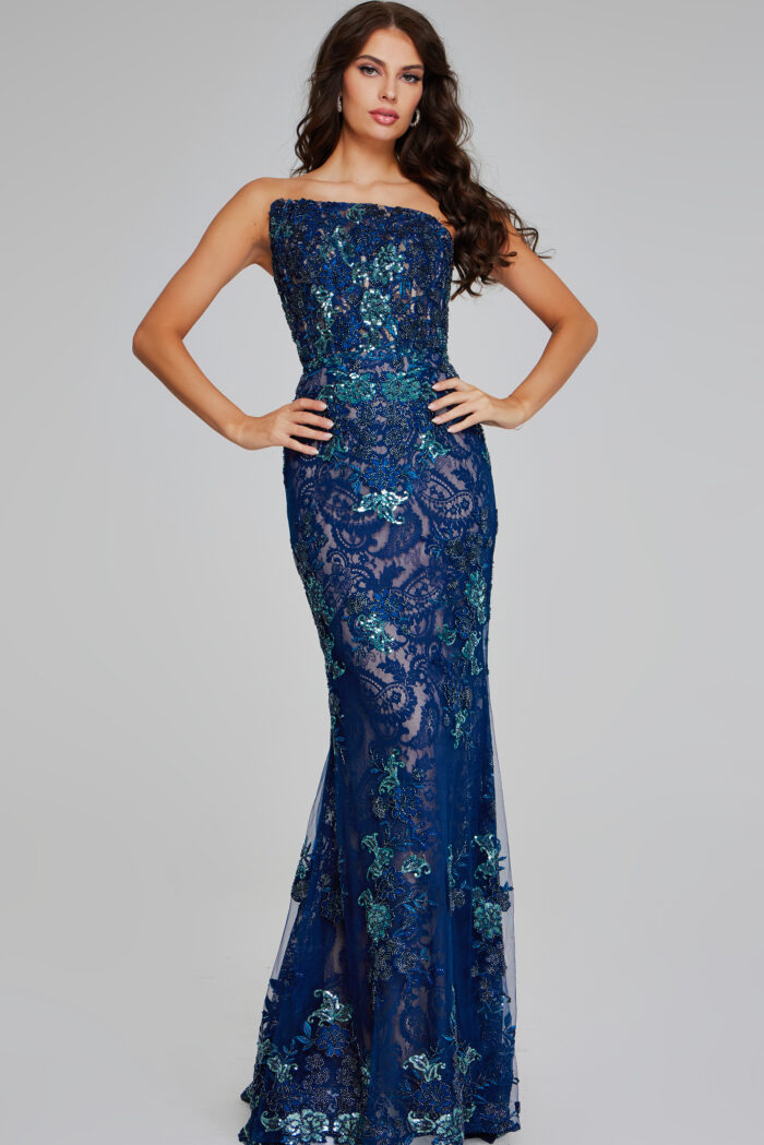 Model wearing Elegant Navy Strapless Lace Gown 40847