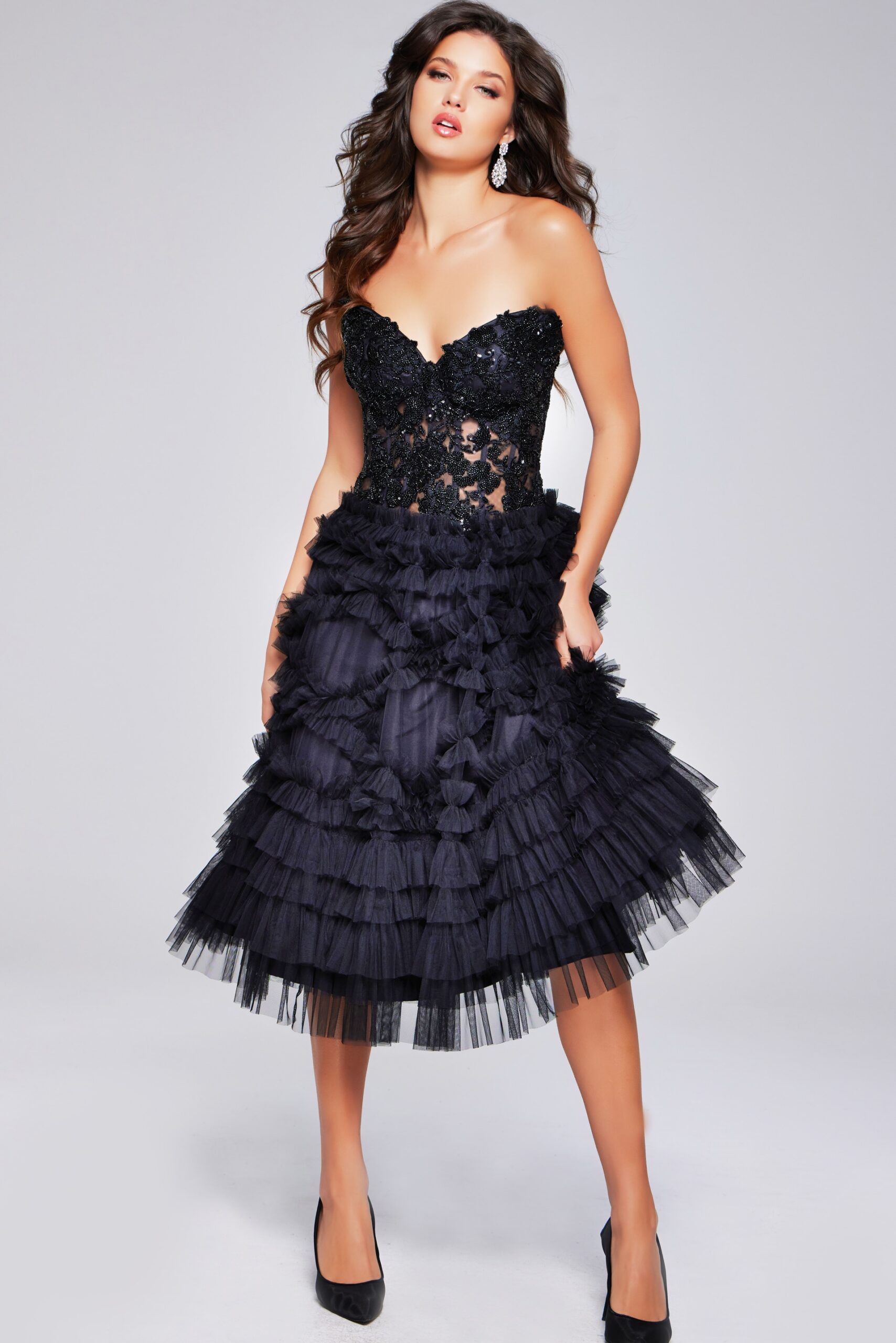 Beaded Black Fit and Flare Dress 40854