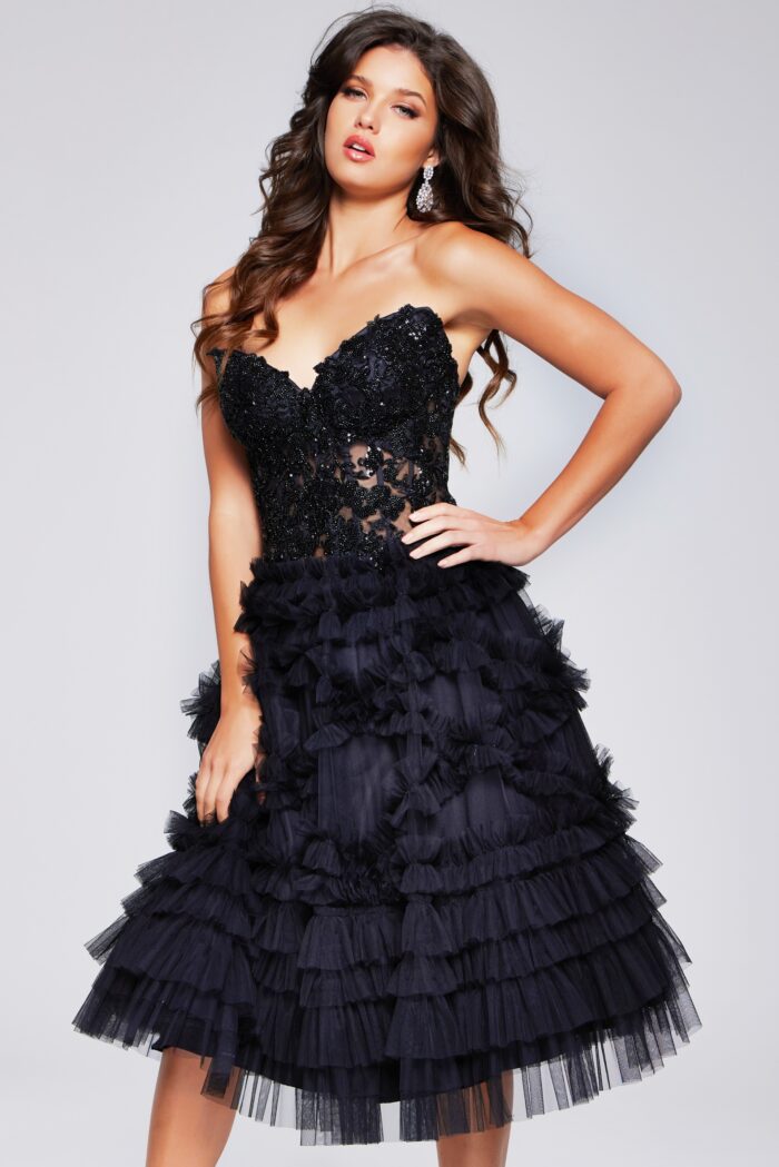 Model wearing Beaded Black Fit and Flare Dress 40854