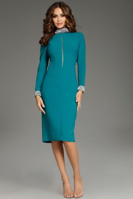 Model wearing Jovani 40910 blue dress with embellished neckline and cuffs, front view.