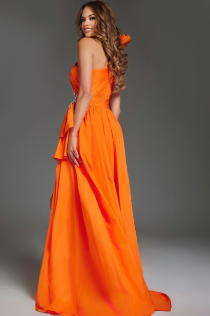 Back view of Jovani 40929 orange gown showing full A-line silhouette