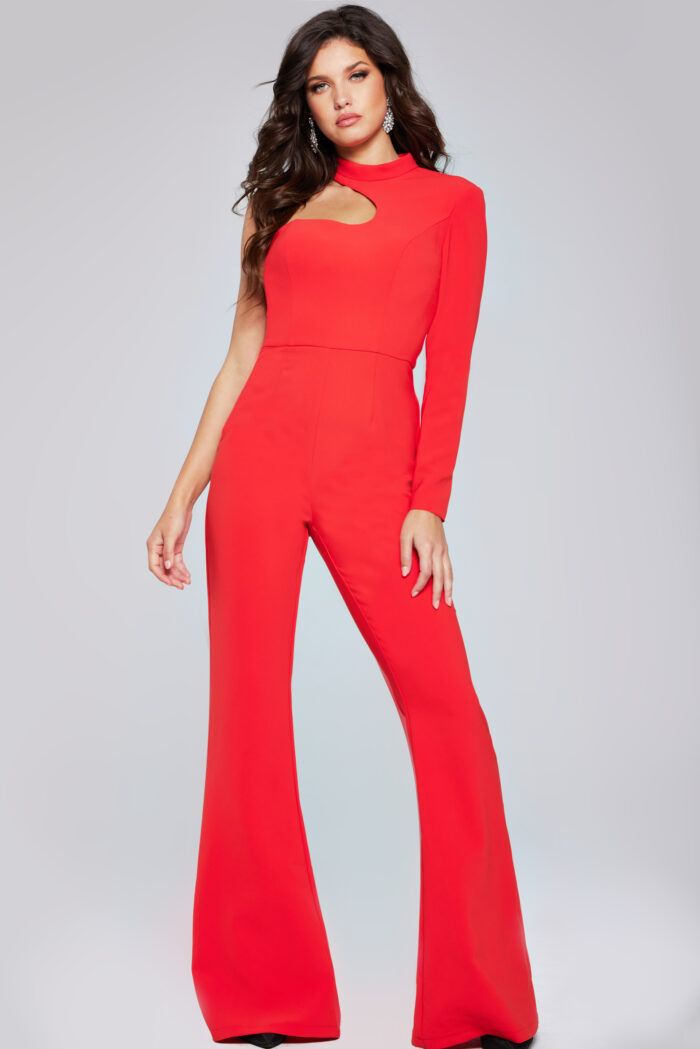 Model wearing Red Asymmetric Jumpsuit 41052