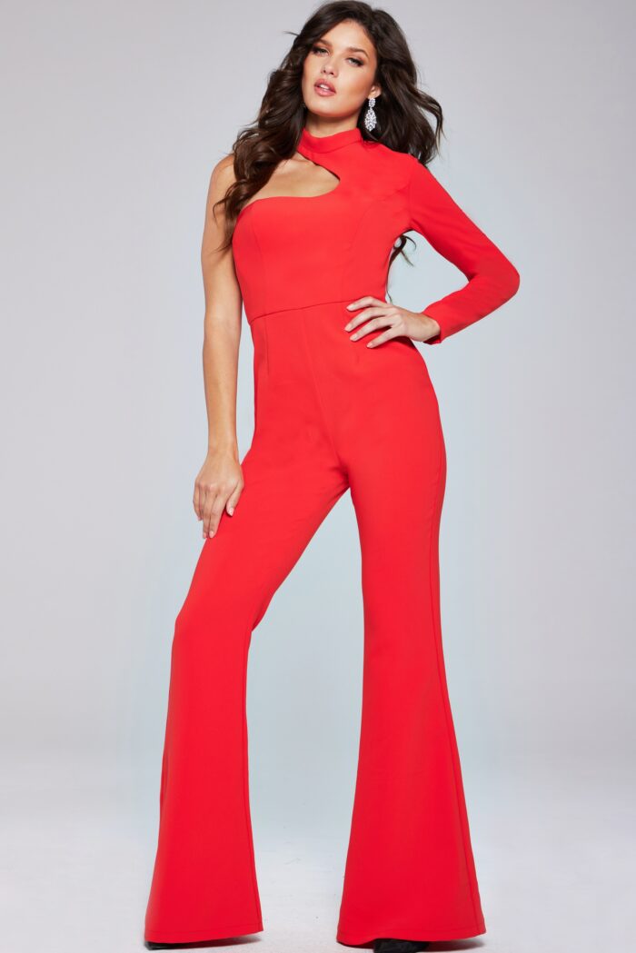 Model wearing Red Asymmetric Jumpsuit 41052