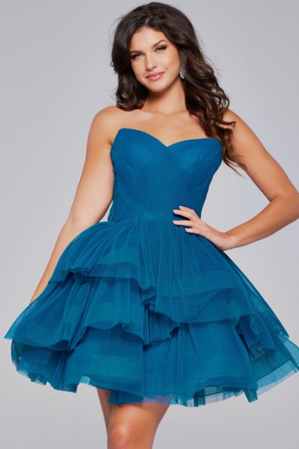 Model in Jovani 41054 blue dress with sweetheart neckline, front view.