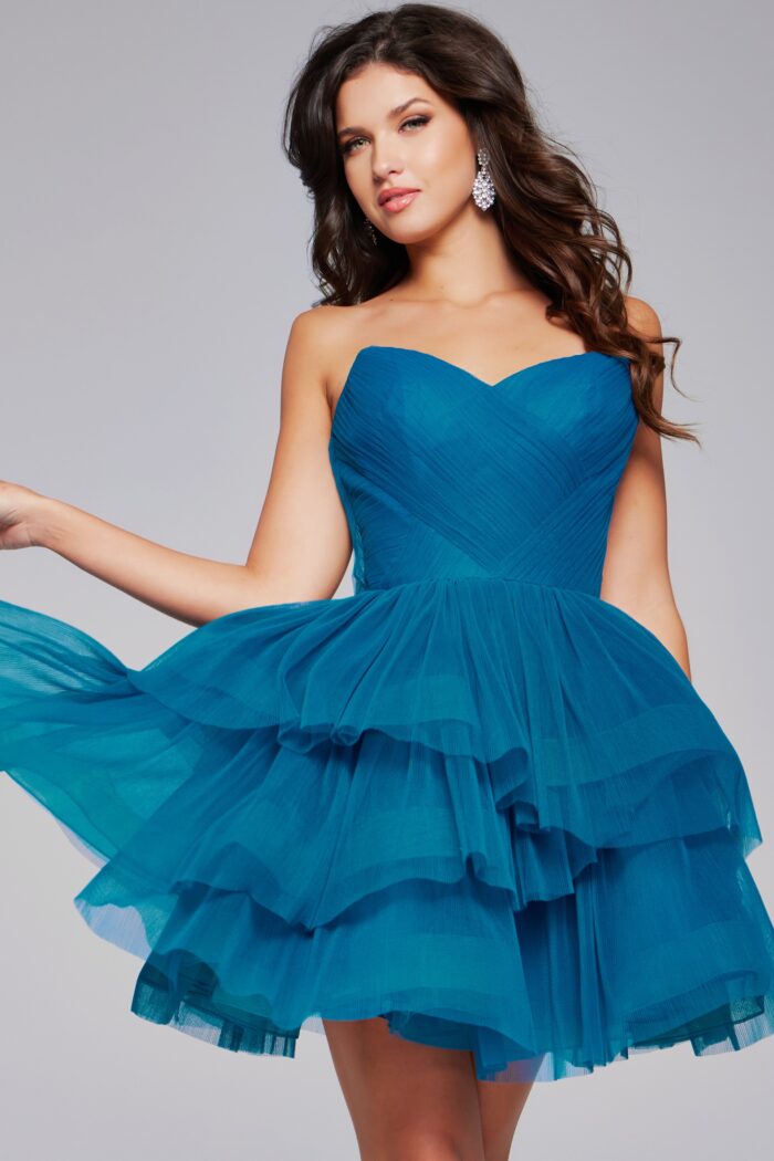 Model wearing Teal Strapless Tulle Dress 41054