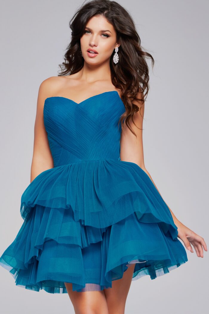 Model wearing Teal Strapless Tulle Dress 41054