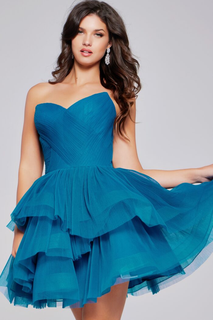 Model wearing Teal Strapless Tulle Dress 41054