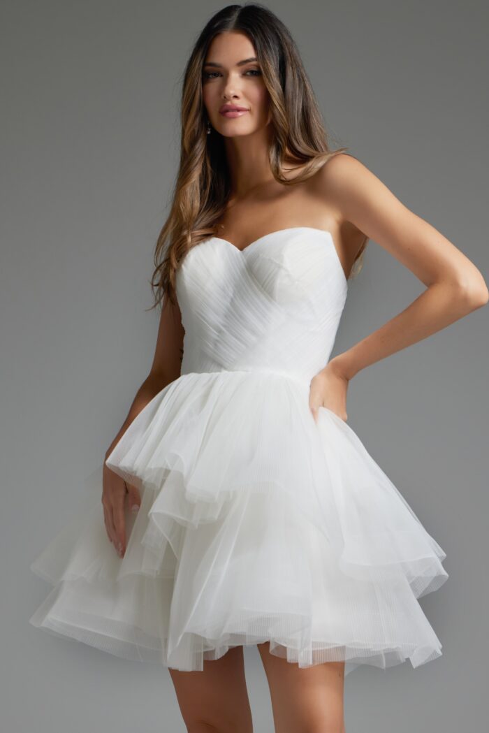 Model wearing Off White Fit and Flare Strapless Dress 41054