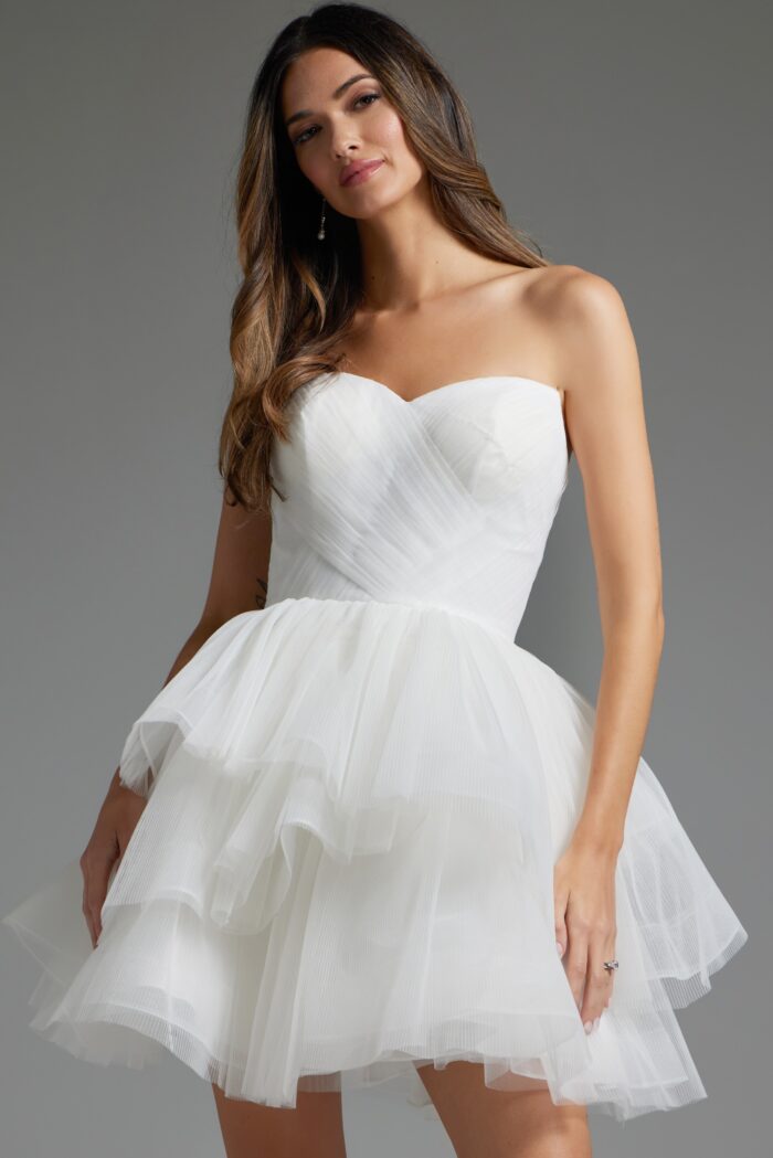 Model wearing Off White Fit and Flare Strapless Dress 41054