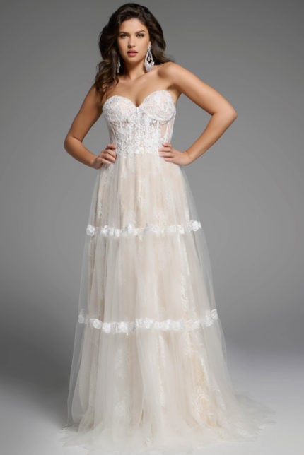 Strapless Floral Lace Wedding Gown With Tiered Skirt