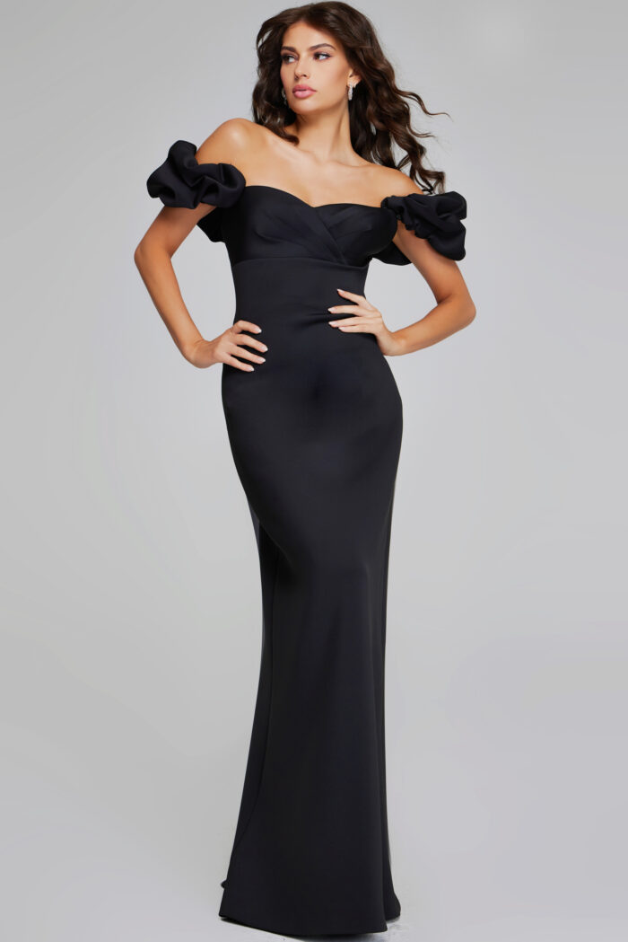 Model wearing Elegant Black Off-Shoulder Gown with Ruffled Sleeves 41084