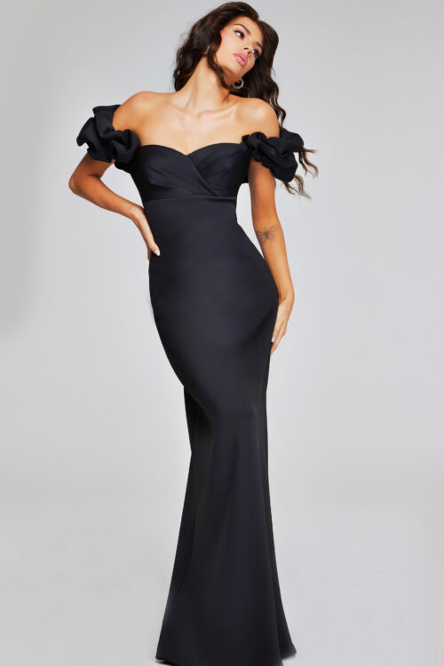 Model wearing Elegant Black Off-Shoulder Gown with Ruffled Sleeves 41084