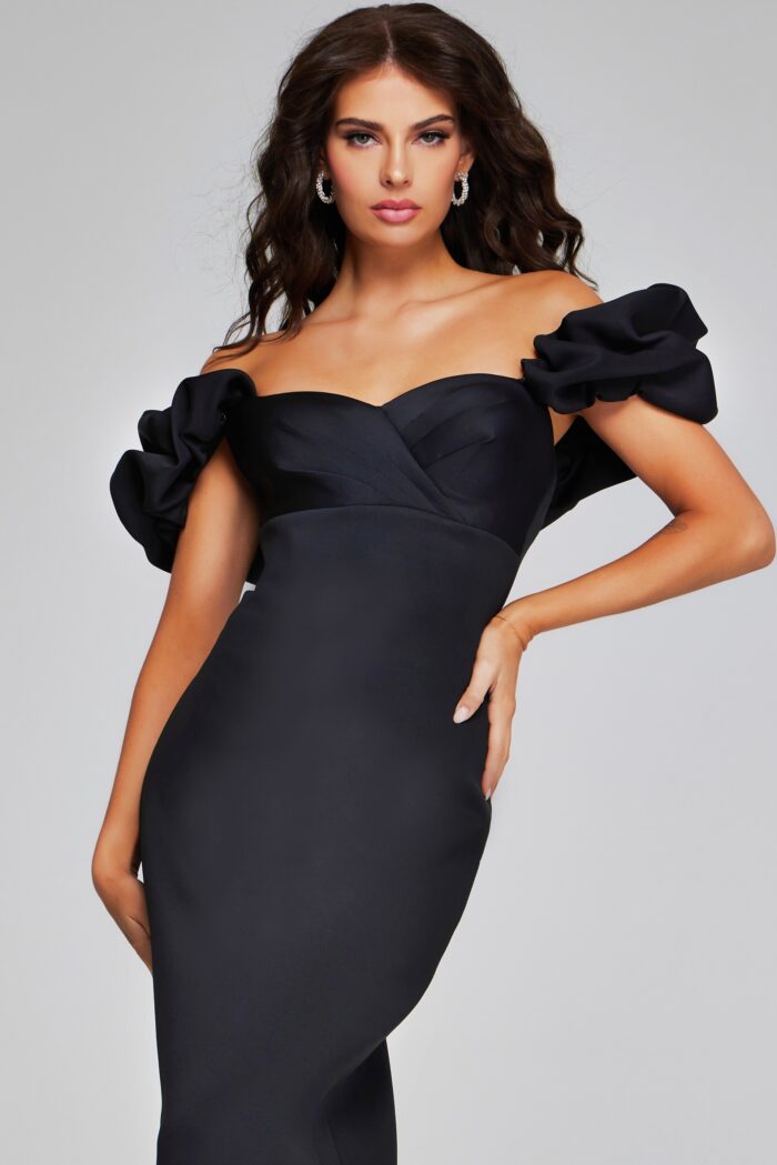 Model wearing Elegant Black Off-Shoulder Gown with Ruffled Sleeves 41084