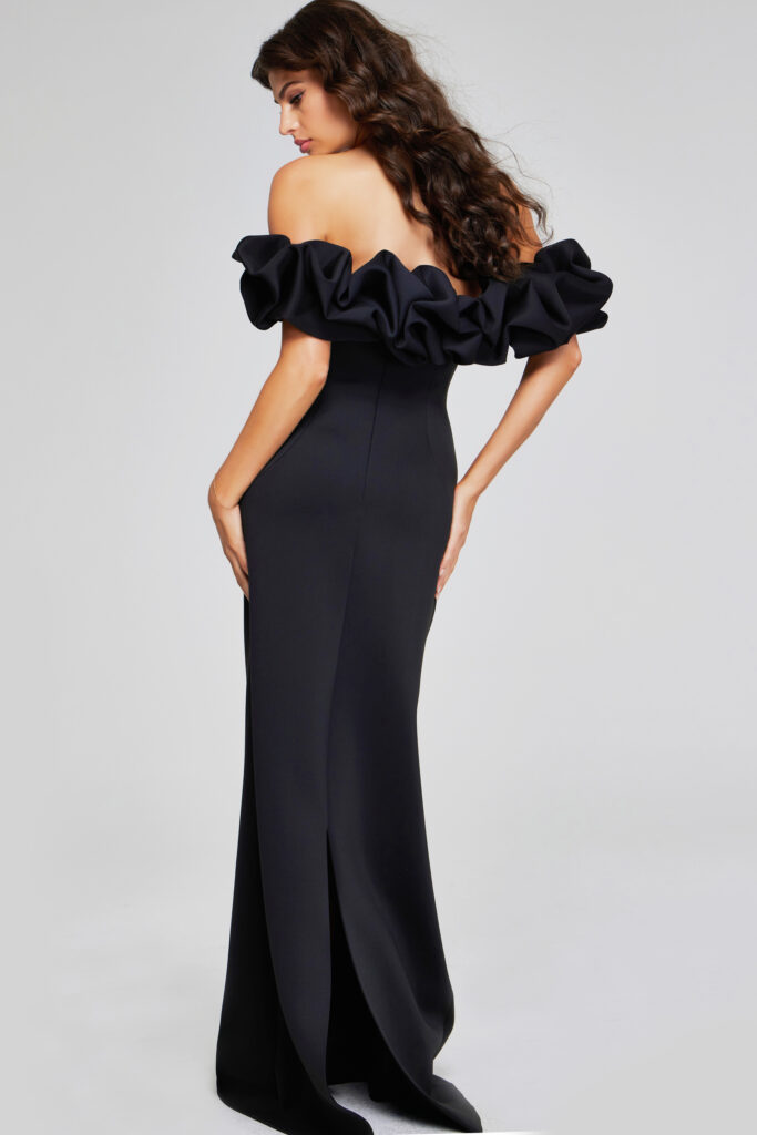 Elegant Black Off-Shoulder Gown with Ruffled Sleeves 41084