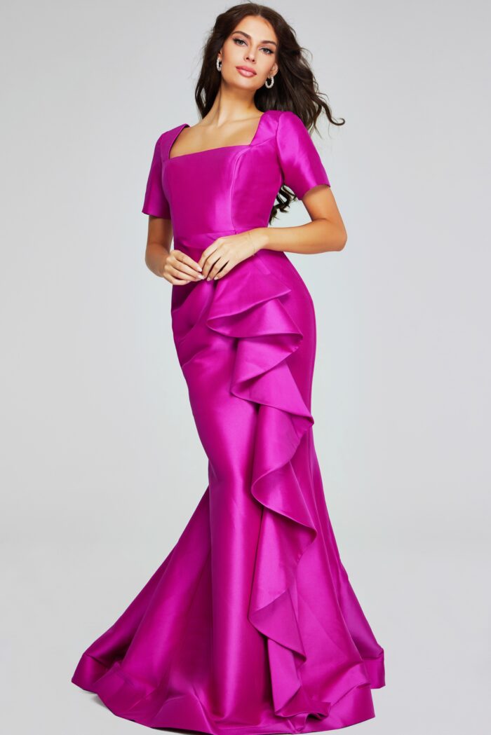 Model wearing Vibrant Orchid Gown with Square Neckline and Ruffle Detail 41128